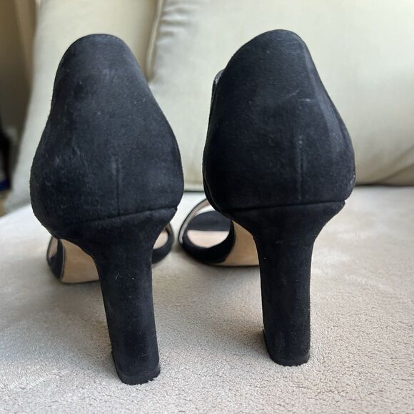 Stuart Weitzman Ezra 80 Black Suede Black Heel Sandal Women 5.5 Wide Strap Chic - Picture 7 of 13